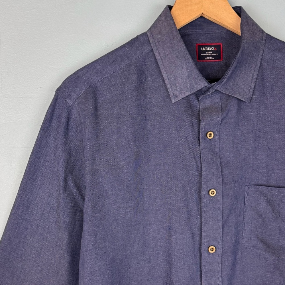 UNTUCKit Vin Santo WR Mens Large Navy Blue 100% Linen Long Sleeve Button Shirt